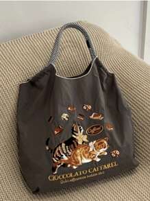 新款时尚女士尼龙手提包，饰有精致的狗狗刺绣图案，无肩带