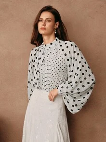 Savoree Women Elegant Polka Dot Print Pleated Tied Blouse, Long Sleeve Tops, Versatile Work & Casual Outfits, Spring