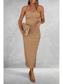Women's Summer Bodycon Maxi Tube Dress Ribbed Strapless Side Slit Long Going Out Casual Elegant Party DressesHalloween Christmas New Year - 駝色 - 查看 8