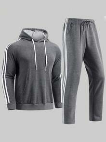 2 Peças Conjunto Esportivo Masculino, Conjunto Esportivo Casual com Capuz, Roupas de Outono