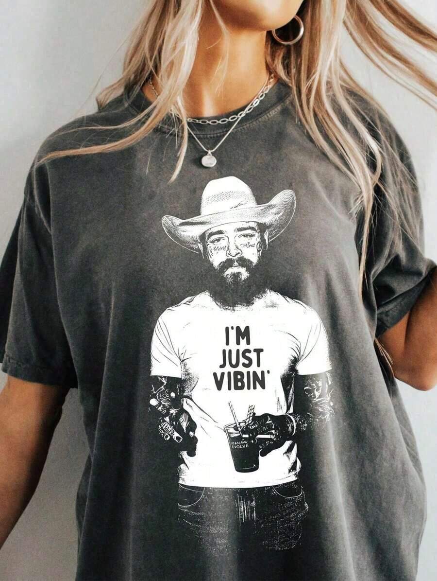 Vintage Women Posty Tour -Malone. Rap Country Concert Graphic Tee T-Shirt – Western Street Style Y2K Bootleg Oversized Retro Cotton Graphic Tees With Round Neck For Summer Tops Women, Vacation Outfits Women, Cowgirl Festival Outfit Women's Tops-Premium Cotton Graphic Printed Round Neck T-Shirts-365T - AA2 - Xem 1