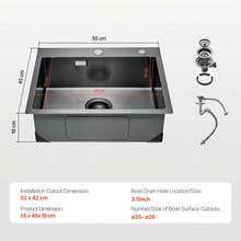 55cm Kitchen Sink Workstation, 304 Stainless Steel Top Mount Sinks, Drop-In Single Bowl Farmhouse Basin With Accessories, Household Dishwasher Sinks For RV, Prep Kitchen, And Bar (Black) - Black - View 7