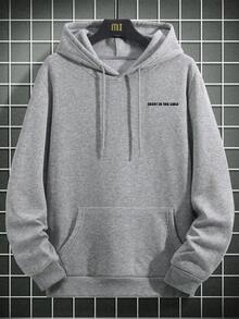 Men's Casual Faith & Inspirational Graphic Print Hooded Sweatshirt, For Autumn/Winter, Long Sleeve Top - Grey - View 4