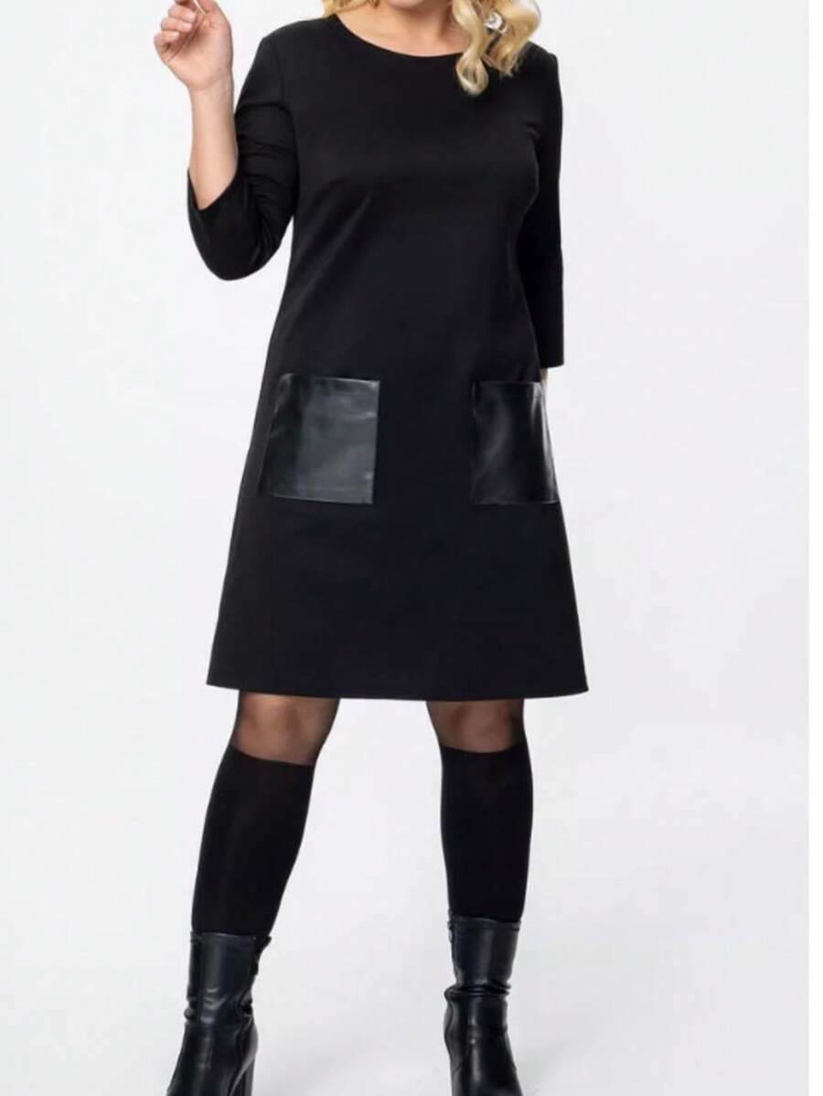 فستان أنيق جديد بياقة مستديرة وأكمام ثلاثة أرباع مع جيب عصري