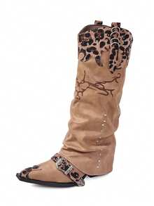 Western Cowboy Boots With Leopard Print Patchwork, Casual Vintage Outdoor Fabric Strap Riding Boots - Brown - View 9