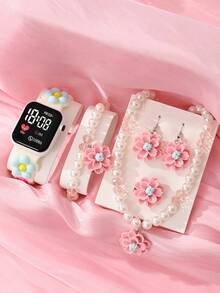 6pcs/Set Girls' Elegant Classic Square LED Heart-Shaped Digital Display Watch With Floral Pattern Strap And Dial. Affordable Price, Suitable For Students To Wear In Back To School Season. Fashionable Stationery Set Includes Electronic Watch, Bracelet, Necklace, Ring And Earrings. Adorable Pearl Flower Children's Accessories, Suitable For Daily Life, School, Gatherings, Travel, Also Can Be Given As Birthday Gifts To Friends. Perfect Gift For Girls. - Multicolor - View 6