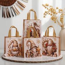 16pcs-Golden Christmas Theme Gift Bags Set, Non-Woven Fabric Bags, Tote Bags, Holiday Gift Bags With Warm Golden And Snowflake Tones, Decorated With Cheerful Santa Claus, Shiny Snowflakes, Christmas Flowers, Etc. Each Bag Features A Comfortable Golden Handle Suitable For Family Gatherings, Christmas Gift Packaging, Holiday Decoration(4/8/16pcs)