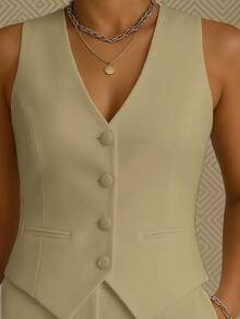 Women's Basic Tailored Vest Animal Argyle Bamboo Bat Beach Butterfly Knot Car Cartoon V-Neck Print Christmas Color Block Casual Woven Fake Pockets Vest Evening Holiday Daily Birthday Party Formal & Evening Travel Brunch Tea Party Stage & Concert All - 米色 - 查看 1
