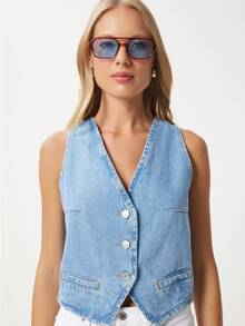 Solid Color Casual Front Button Zip Pocket Denim Shirt - Baby Blue - View 2