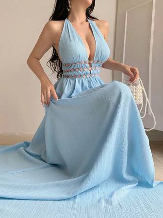 abyoxi Vestido casual de vacaciones con cuello halter de escote profundo en V, espalda descubierta, línea A, bajo con volantes y abertura, con diseño de flor en la cintura, color azul, para vacaciones, playa, salidas, nuevos vestidos de mujer