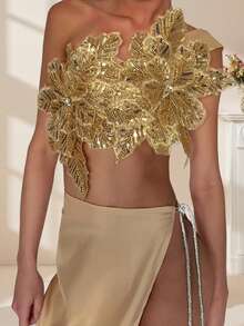 One Shoulder Flower Tops For Women Summer  Backless Slim Fit Sleeveless Crop Vest - Gold - View 2