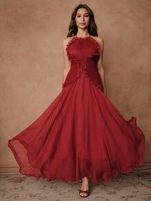 Savoree Elegante abito midi rosso con spalline a spaghetti, vita arricciata e balza sul fondo, abito da festa formale di alta gamma