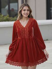 Women's Plus Size Velvet Smock Dress Long Sleeve Deep V Neck Lace Trim Flared Hem Boho Party Style - 紅色 - 查看 8