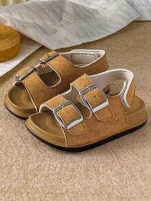 一双秋夏新款儿童鞋 - 适合女孩和幼儿女孩的舒适软底校鞋，露趾平底凉鞋，时尚棕色男童鞋，派对、露营、海滩、旅行和学校及圣诞节必备的最佳选择 - 咖啡棕 - 查看 2