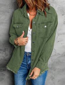 Vetinee Women's Oversized Button Up Frayed Hem Shacket Long Sleeve Pockets Denim Jean Jacket - 榆樹綠 - 查看 5
