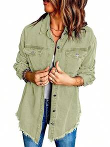 Vetinee Women's Oversized Button Up Frayed Hem Shacket Long Sleeve Pockets Denim Jean Jacket - 勞雷爾.格林 - 查看 5