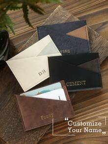 1pc Personalized Ultra-Thin Minimalist Card Holder, Customized Gold Letter Pattern Faux Leather Credit Card Wallet, Vintage Asymmetric Card Holder, Unisex, 2 Card Slots, Retro Card Wallet, Color Block Design, Front Pocket Wallet, Best Handmade Gift - Multicolor - View 1