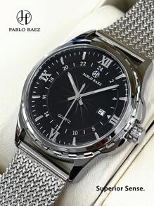 Pablo Raez ساعة رجالية أعمال ساعة معصم للرجال، هيكل من الفولاذ المقاوم للصدأ SUS304 بغلاف فضي، إطار فاخر أسود، جلد ناعم ومريح من الميكروفيبر، قطر كبير مع تاريخ، مقاوم للماء 50 متر، ساعة كوارتز رياضية كاجوال جديدة كهدية رائعة للأصدقاء أو عائلة الأب، مناسبة للحياة اليومية والعمل والحفلات