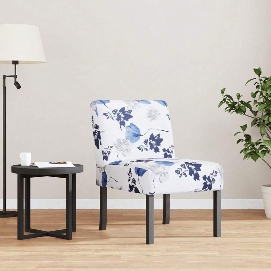 vidaXL Slipper Chair Blue And White Polyester, Solid Wood, Plywood Single Accent Chair Rectangular Modern Pattern Upholstered Chair Living Room Chair Floral Chair Blue Chair - Blue - View 1