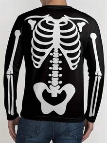 Men'S Fashion 3D Printed Long Sleeve T-Shirt, Casual Knit Polyester Top, Regular Fit, Round Neck, Geometric Skeleton Design, Spring/Autumn Season, Stretch Fabric, Unisex - Multicolor - View 3