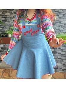Women Devil Costume Halloween Cosplay Long Sleeve Striped Tops And Suspender Skirt Outfits - Màu xanh lam - Xem 4