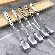 5/10pcs Geometric Pattern Ceramic Handle Stainless Steel Cutlery Set, Polished Surface Tableware With Dessert Spoon, Coffee Spoon, Small Spoon, Small Fork And Fruit Fork - Multicolor - View 8