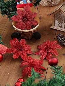 2pcs/10pcs/20pcs Hollow Mesh Clip-On Artificial Poinsettia, Christmas Tree Decorations, Glitter Poinsettia Wreath Decor, Holiday Decorations, Christmas Tree, Wreath, Glitter Poinsettia Christmas Tree Ornaments, Holiday Decor, DIY Poinsettia Wreath, Party Decorations