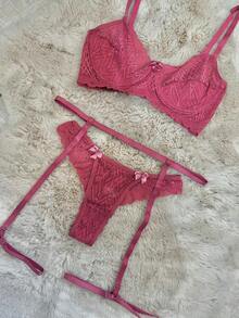 Sexy Lace Lingerie Set Kit With Bow Includes Simple Garter Belt Classic Sexy Lace Embroidery Sensual Sets - Bụi hồng - Xem 2