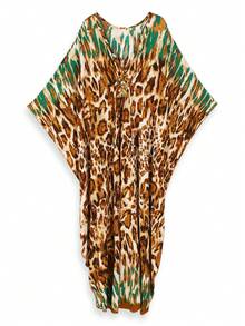 Women's Leopard Print Batwing Sleeve Loose V-Neck Bohemian Style Long Dress Robe - Multicolor - View 3