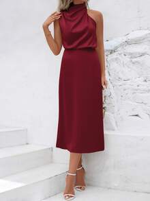 畅销欧美时尚女式缎面无袖酒红色中长连衣裙，优雅百搭晚礼服 - 酒紅色 - 查看 4