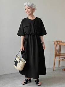 FRIFUL 女式翻盖口袋抽绳腰长款工装连衣裙太阳裙