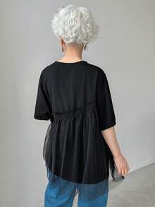 FRIFUL Women's Summer Solid Color Round Neck Mesh Contrast Short Sleeve Casual Casual T-Shirt - Black - View 5