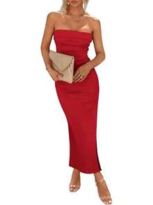 Women's Summer Bodycon Maxi Tube Dress Ribbed Strapless Side Slit Long Going Out Casual Elegant Party DressesHalloween Christmas New Year - 紅色 - 查看 1