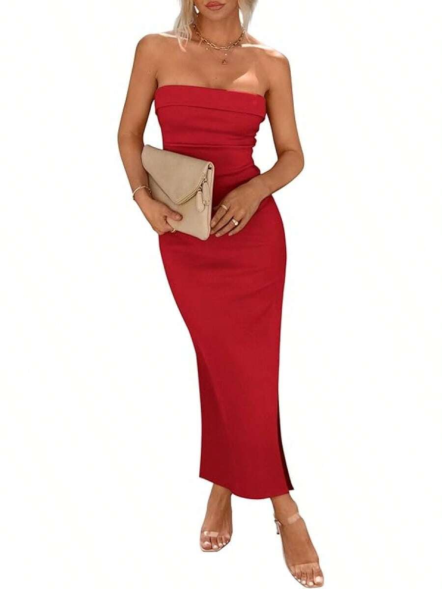 Women's Summer Bodycon Maxi Tube Dress Ribbed Strapless Side Slit Long Going Out Casual Elegant Party DressesHalloween Christmas New Year - 紅色 - 查看 1