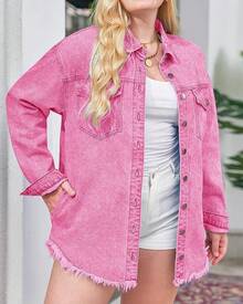 Vetinee Women's Oversized Button Up Frayed Hem Shacket Long Sleeve Pockets Denim Jean Jacket - Magenta Pink - 查看 7