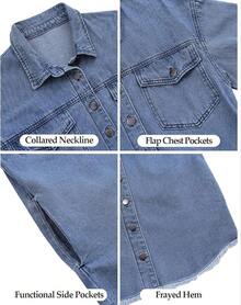 Vetinee Women's Oversized Button Up Frayed Hem Shacket Long Sleeve Pockets Denim Jean Jacket - 千洋之藍 - 查看 6
