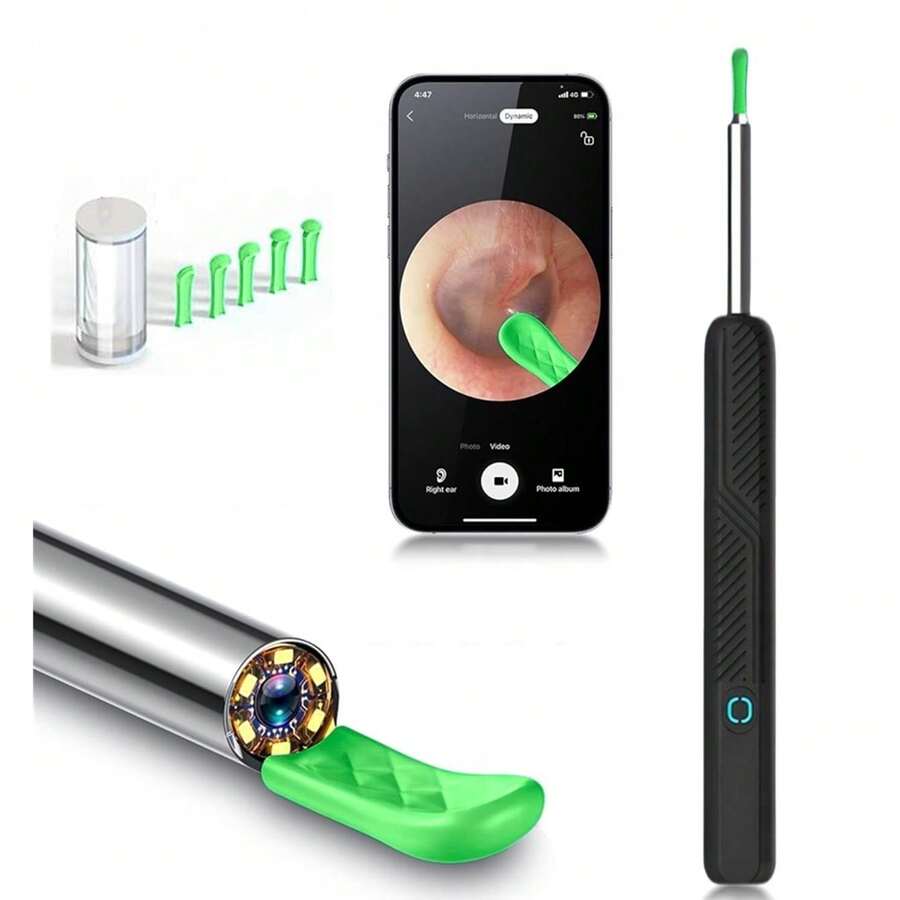1296P HD Camera Ear Cleaner, 8-In-1 Multifunctional Ear Wax Removal Tool With 5 Replacement Ear Tips, Wireless WiFi Ear Scope With 6 LED Lights, IP67 Waterproof, Rechargeable Ear Wax Removal Kit - Black - View 1