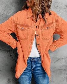 Vetinee Women's Oversized Button Up Frayed Hem Shacket Long Sleeve Pockets Denim Jean Jacket - 橘色 - 查看 5