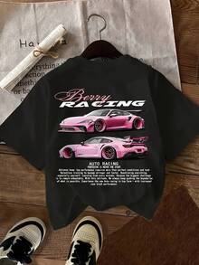 Women's Racing Car Graphic Print T-Shirt - Sporty Casual Short Sleeve Round Neck Top With Bold Pink Sports Car Design, Machine Washable All-Season Tee For Motorsport Enthusiasts, Car T Shirts, Durable Casualwear - 黑色 - 查看 2