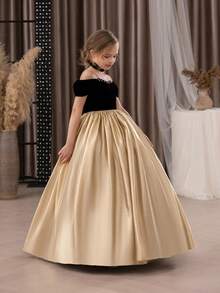 Abito elegante da ragazza pre-adolescente con patchwork dorato, spalle scoperte, fatto a mano con perline, adatto per feste di compleanno, balli, lauree, damigella d'onore, matrimoni - Nero e oro - Visualizzare 9