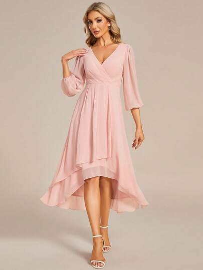 Fall Elegant Lantern Sleeves Pleated Chiffon Pink Long Sleeve Bridesmaid Dresses Formal Dress Wedding Guest Gown