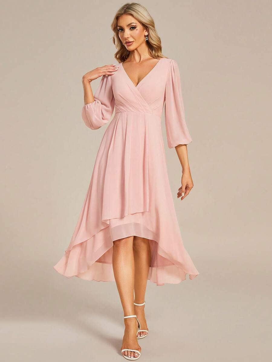 Đầm dự tiệc mùa thu thanh lịch tay phồng xếp ly bằng chiffon màu hồng, đầm dài tay cho phù dâu, đầm dạ hội, đầm dự tiệc cưới, đầm dự tiệc mùa xuân.