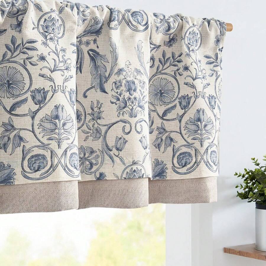 Linen Valance Kitchen Curtain Double Layer 16 Inch Living Room Bedroom Bathroom Window Treatment Blackout Vintage Rustic Farmhouse Cottagecore Rod Pocket 1 Panel On Beige - *Vintage Blue - View 1
