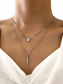 Silver-Tone Y-Shaped Multi-Layer Necklace Decorated With Rhinestones And Faux Pearls, Suitable For Women's Daily Wear Or As A Friendship Gift, Can Be Adjusted In Chain Length, Pearl Quantity And Rhinestone Size. Please Choose Carefully If Needing A Longer Length. - Silver - View 1