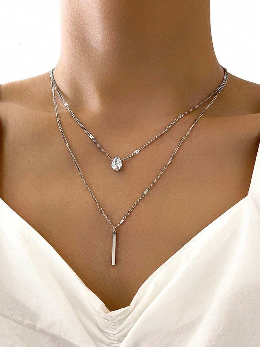 Silver-Tone Y-Shaped Multi-Layer Necklace Decorated With Rhinestones And Faux Pearls, Suitable For Women's Daily Wear Or As A Friendship Gift, Can Be Adjusted In Chain Length, Pearl Quantity And Rhinestone Size. Please Choose Carefully If Needing A Longer Length. - Silver - View 1