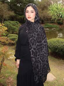 1pc Women's Fashion Bohemian Ink Painting Leopard Print Veil Hijab, Casual Street Wear Hijab For Daily Use, Suitable For All Seasons