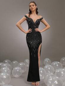 New Women's Luxury Heavy Industry Shiny Diamond Design Sexy Long Bandage Dress With One Piece Collar Shoulder Sleeve Water Diamond Tassel Design Tight Fit Fork To Thigh Long Dress For Women's Festivals/Weddings/Parties/Banquets/Women's Formal Banquets Dress - Black - View 3