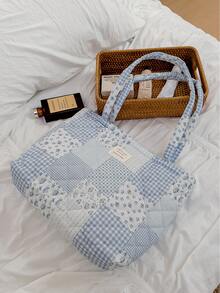 1个印花拼接女士优雅休闲手提包，多功能大容量单肩包，适合旅行、度假、收纳化妆品、洗漱用品，可装手机、钱包、卫生巾、钥匙、笔记本电脑、耳机、充电器、口红、香水、护肤品等——绝佳礼品之选 - 彩色 - 查看 3