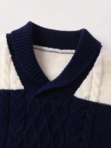 男童学院风条纹交叉领针织套头衫，适合上学、日常穿着、春季、秋季、冬季 - 藏蓝色 - 查看 4
