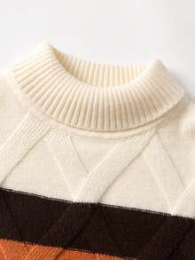 Boys' Contrast Color Striped Sweater, Argyle Knit Turtleneck Pullover, Suitable For School, Everyday Wear, Spring, Autumn, Winter - Apricot - View 4